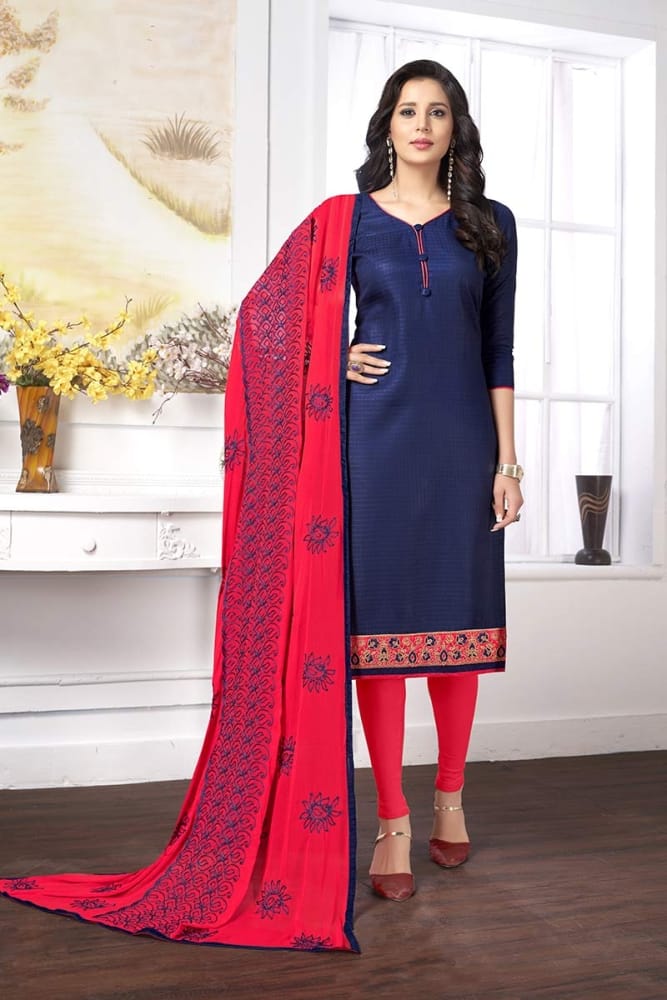 Navy Blue color Cotton Churidar Suit Online, Designer Churidar
