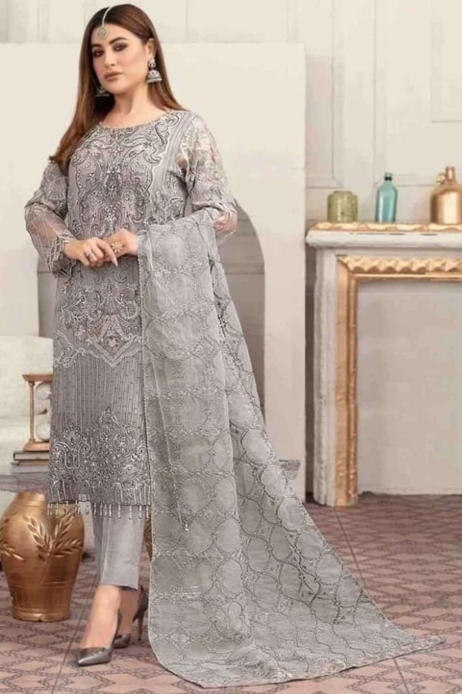 Buy Grey Faux georgette Pakistani suit with Dupatta Online SK14007