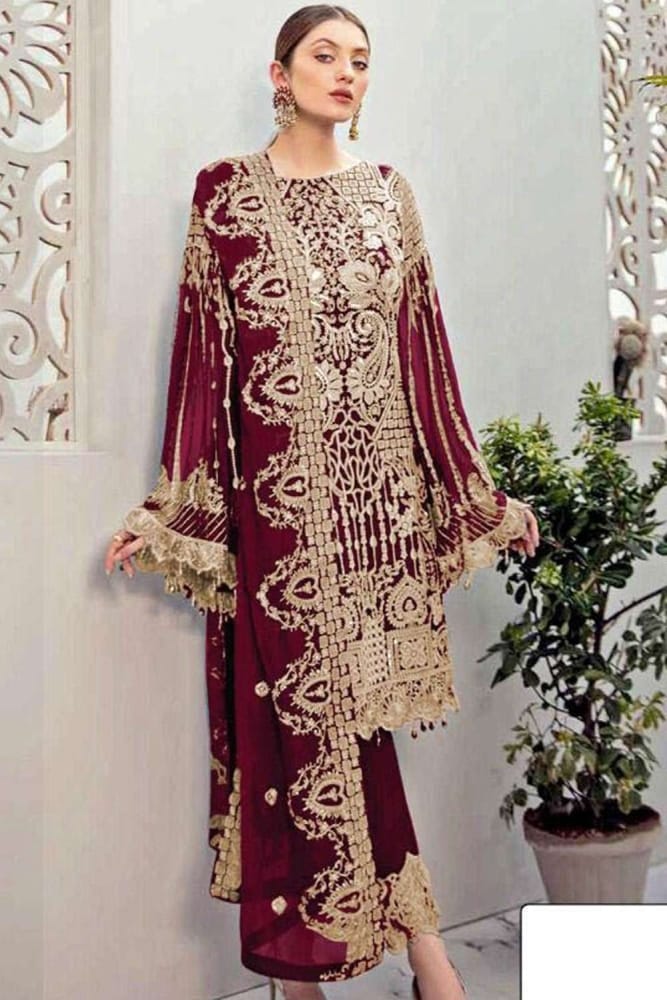 Maroon pakistani Salwar Kameez with Designer Heavy Embroidery Work Faux Georgette