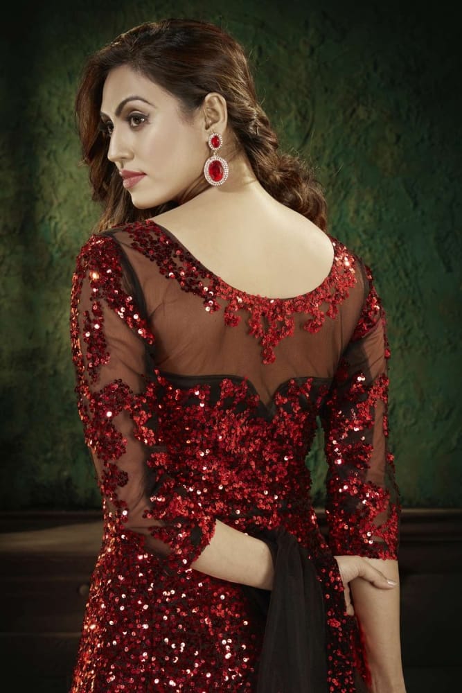 strapless open back dress Red Glitter Net Ball Gown
