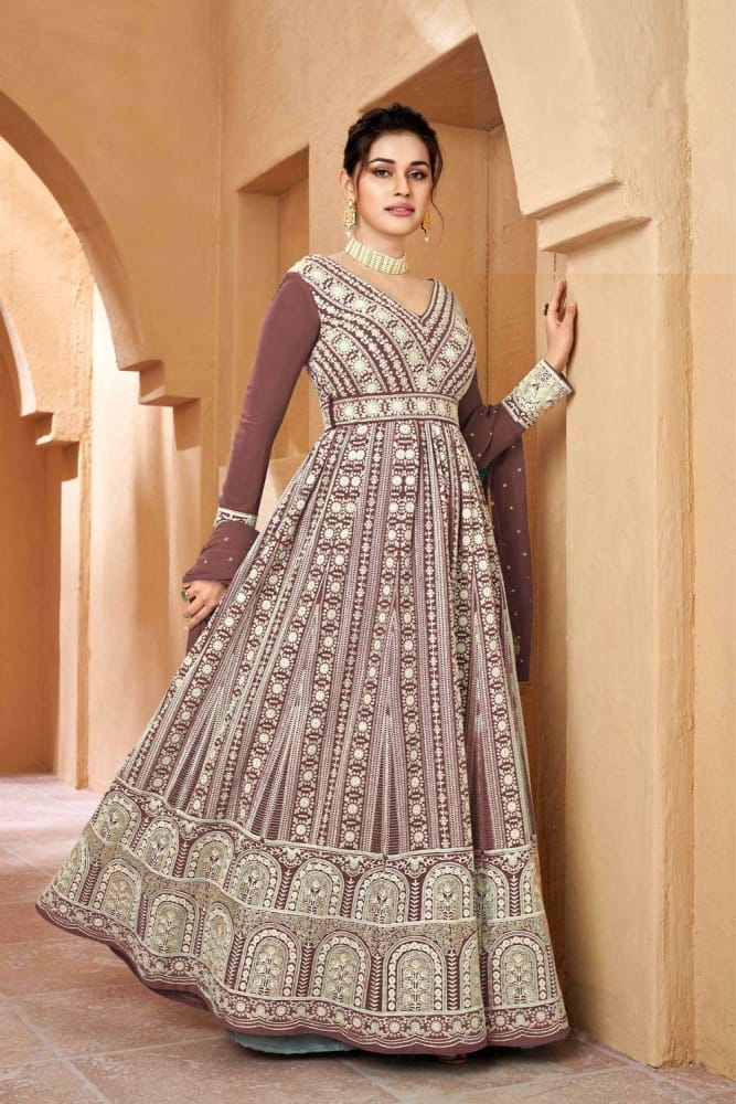 Embroidered georgette gown dress in brown with dupatta USA : GW0499
