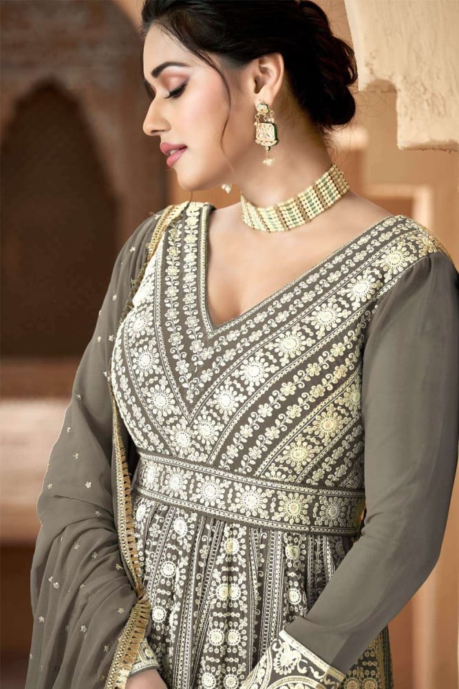 Embroidered gown dress in grey georgette USA : GW0500 Embroidered gown dress in grey georgette USA : GW0500