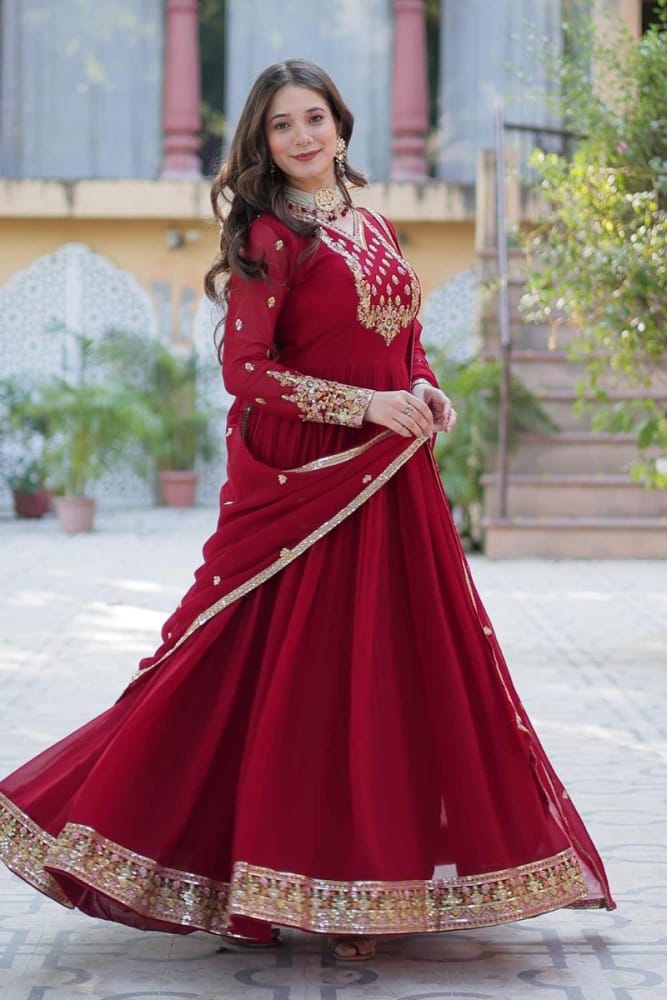 Maroon faux georgette embroidered gown dress with dupatta : GW1101