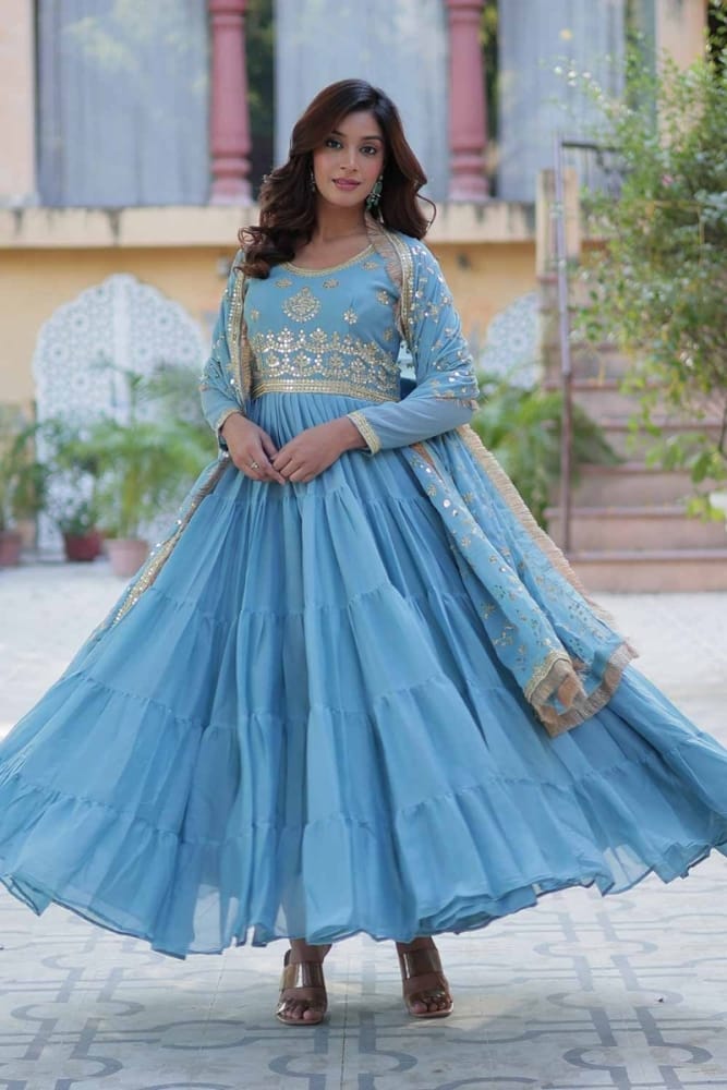 Sky blue gown dress with embroidered georgette GW1056