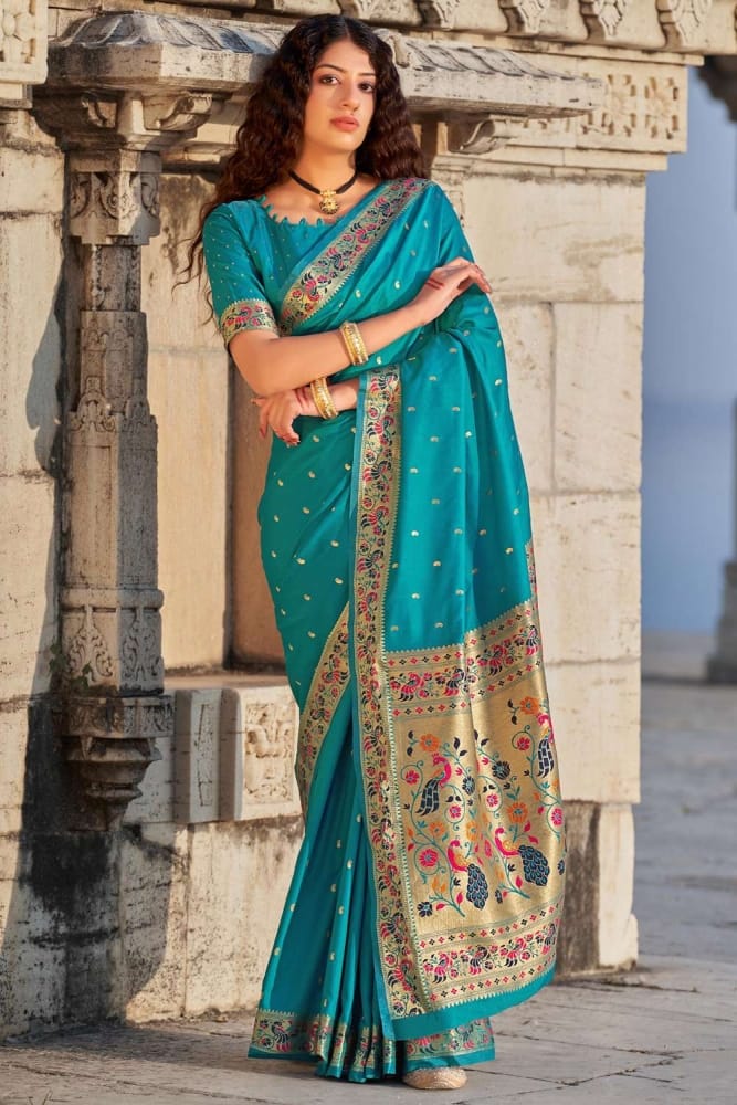 Buy Banarasi silk Banarasi Saree in Turquoise with Blouse Online