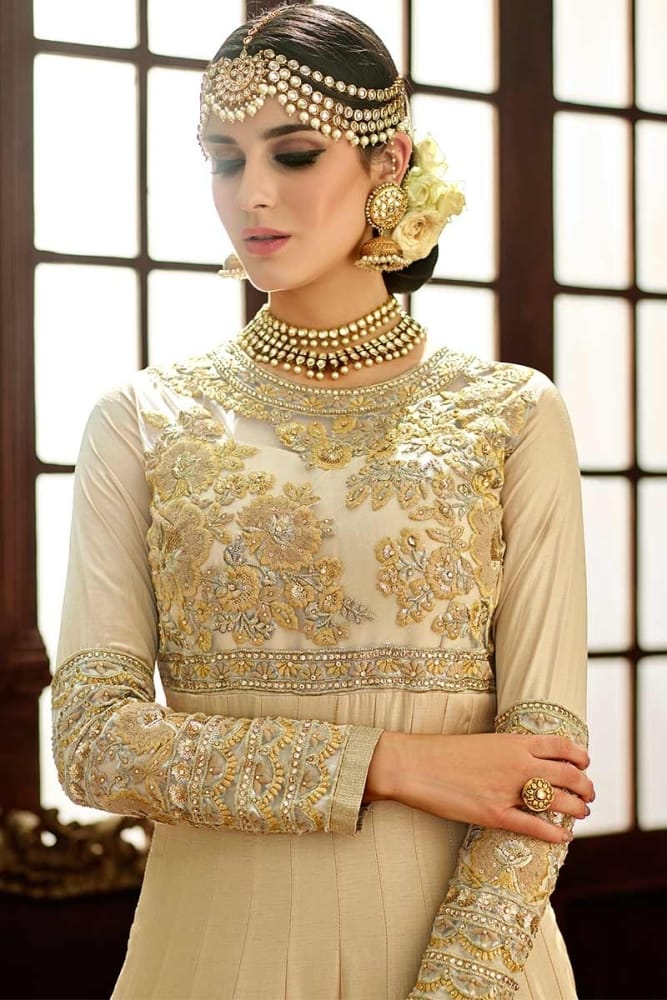 Cream designer Crepe Silk Anarkali Suit online with Cream Santoon salwar,  Cream Chiffon dupatta at Shopkund