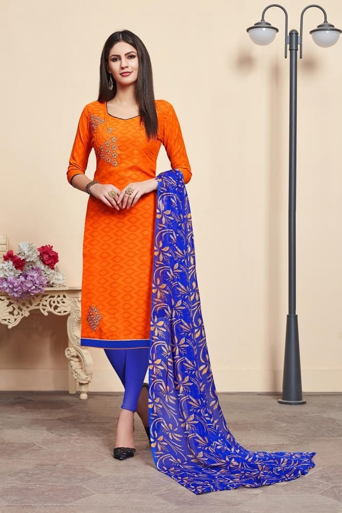 Buy Orange Cotton Jacquard Silk Churidar Suits with Dupatta