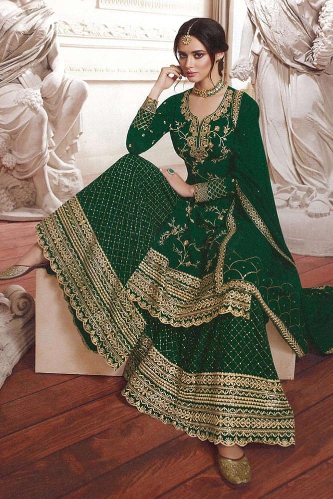 green emerald velvet dress Arabic Attire Palm Green Sharara Style Salwar Suit Blooming Georgette Salwar Kameez in Cording Embroidery, Sequins & Lace Work 3XL main image 0