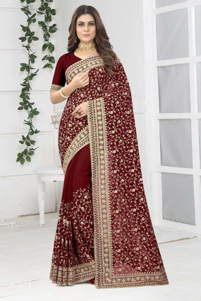 Buy Georgette Wedding Saree in Maroon with Blouse Online SR25058
