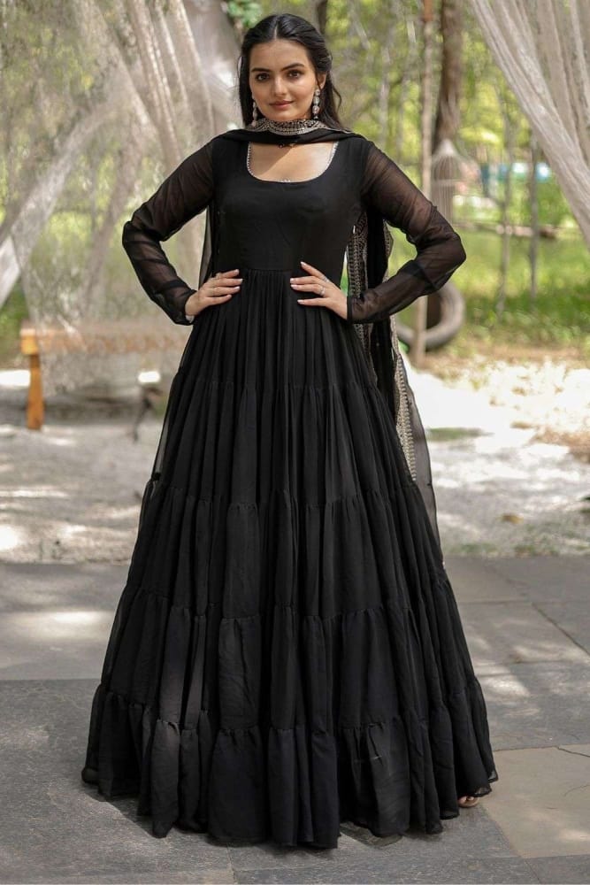 Plain faux georgette gown dress in black USA : GW0685 Plain faux georgette gown dress in black USA : GW0685