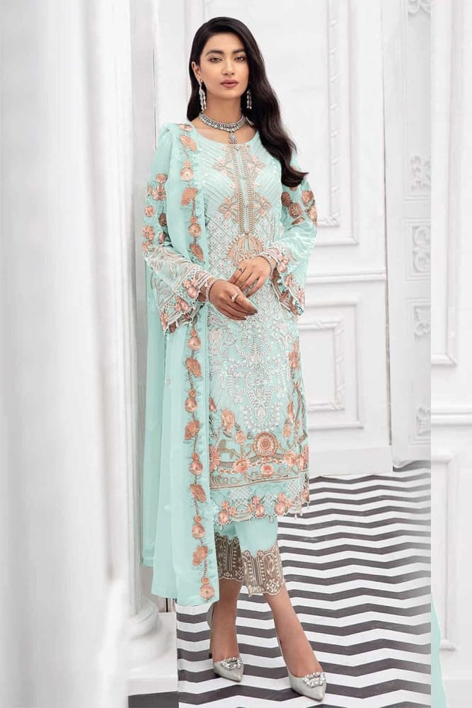 Sky blue Pakistani Suit Georgette in Embroidered