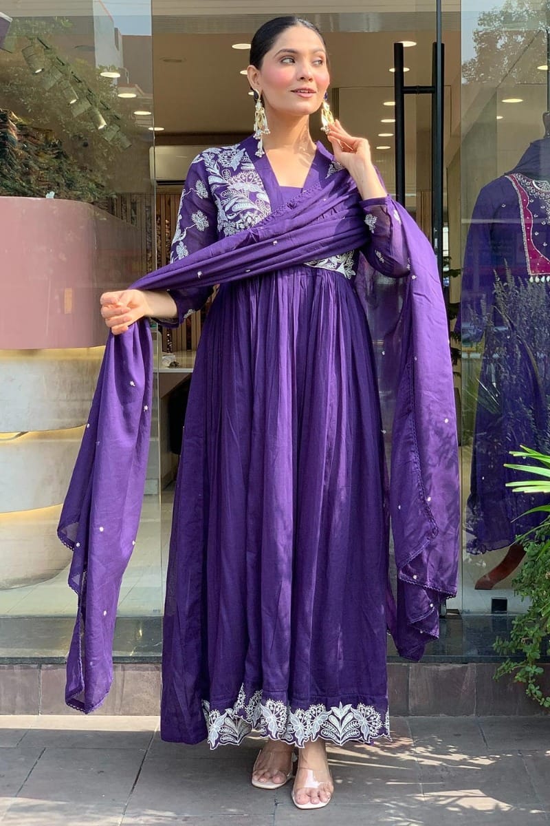 purple dress for eid Anarkali Best Dress For Eid Purple Jacquard Embroidered Sequins Anarkali Gown Party Wear